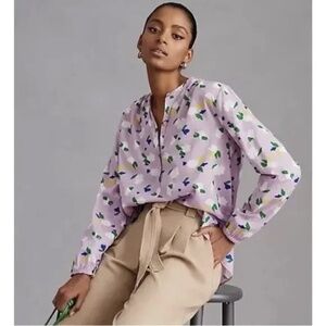 Clare V Lavender Floral Split-Neck Blouse